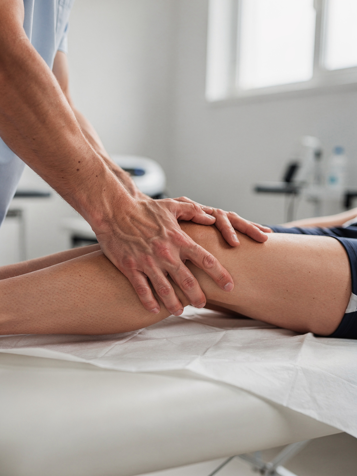 Physical therapist assessing a patient's leg