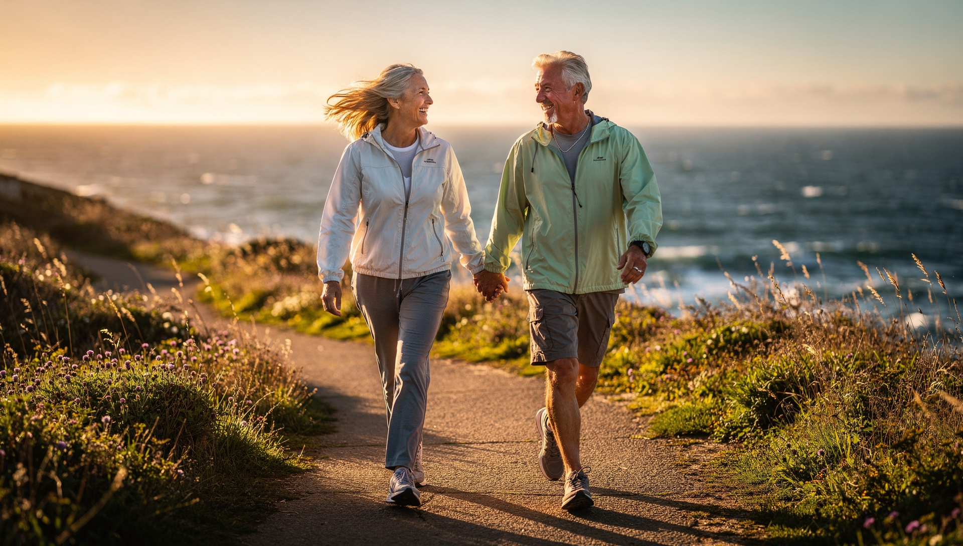 Adults walking near the coast