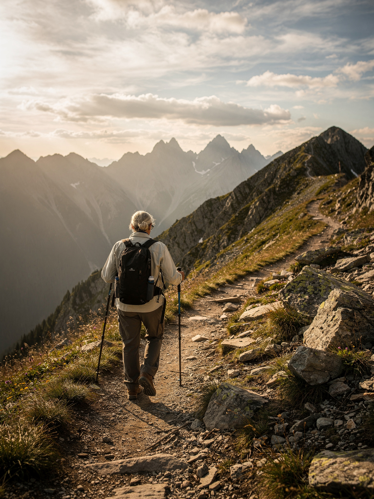 Older adult hiking on a mountain trail